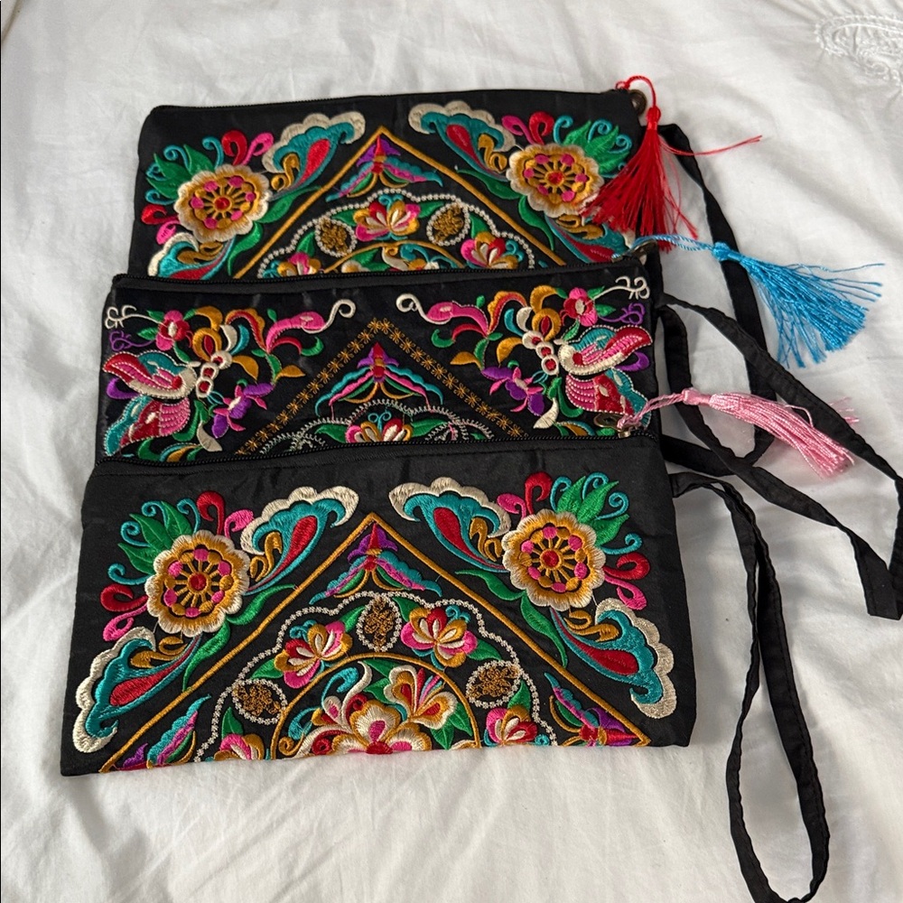 Black Clutch with Colorful Embroidery and Tassels. Price TOTAL for 3.